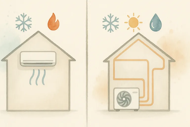 Comparativa: aerotermia (frío, calor, ACS) vs. aire acondicionado (sólo frío y calor).