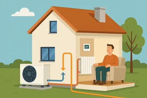  Ilustración digital en estilo plano que muestra una casa equipada con un sistema de calefacción por aerotermia. En el interior, un hombre relajado se sienta en un sillón junto a un radiador conectado a una bomba de calor exterior, rodeado de naturaleza y árboles, representando confort y eficiencia energética.