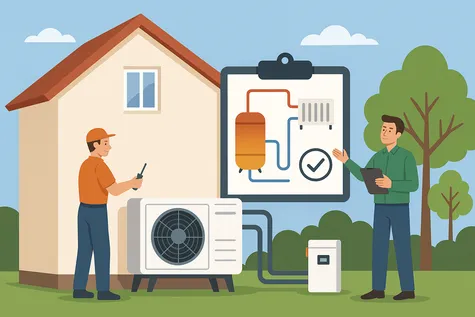 Ilustración digital estilo plano que muestra a dos técnicos instalando un sistema de aerotermia en una vivienda unifamiliar, con una unidad exterior, esquemas de instalación y árboles en el entorno, representando el proceso de instalación paso a paso.