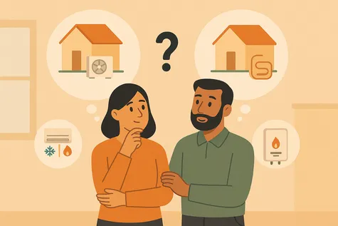 Pareja comparando entre aerotermia y gas para climatizar su vivienda.