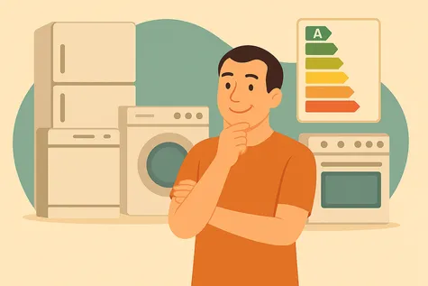 Hombre evaluando electrodomésticos con etiquetas de eficiencia energética para ahorrar energía