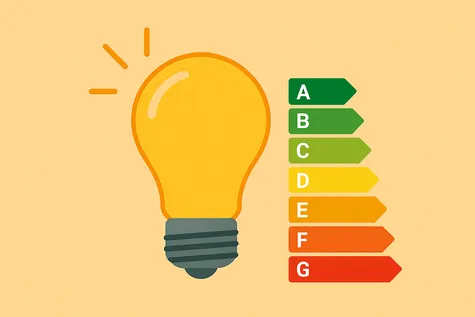 Ilustración de una bombilla encendida junto a una etiqueta de eficiencia energética con franjas de la A a la G