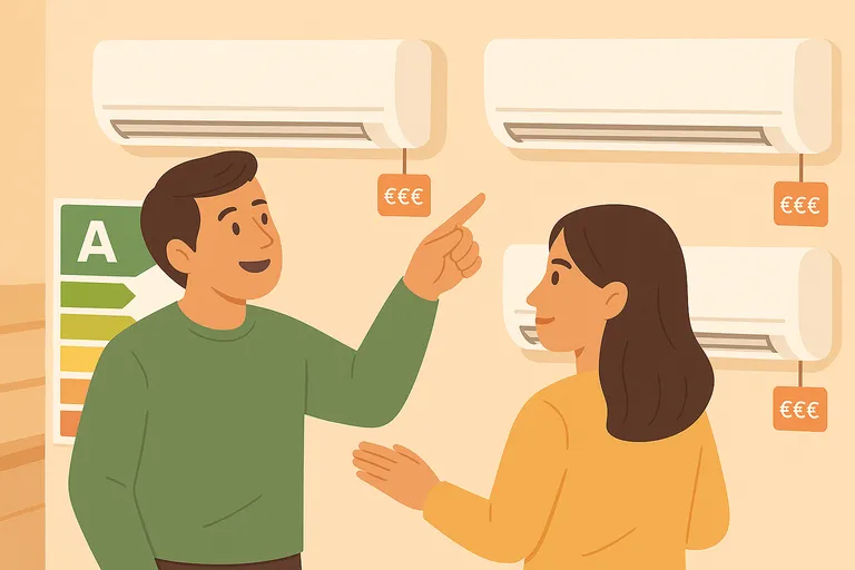 Pareja eligiendo aire acondicionado eficiente con etiquetas de consumo energético y precios visibles