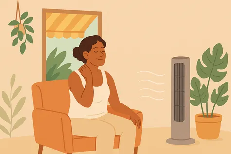  Mujer disfrutando de ventilador en salón con plantas como alternativa de climatización.