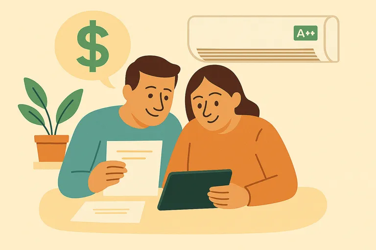 Pareja revisando ahorro en factura con aire A++ en mesa con tablet y documentos.