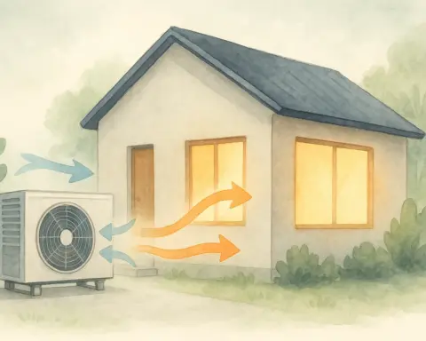 Ilustración que muestra una vivienda junto a la unidad exterior de una bomba de calor de aerotermia.