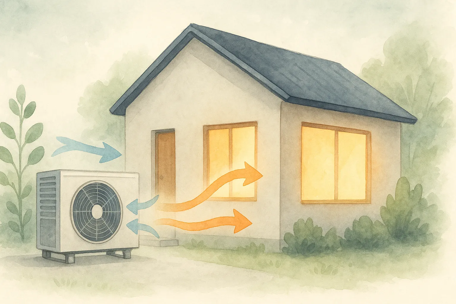 Ilustración que muestra una vivienda junto a la unidad exterior de una bomba de calor de aerotermia.