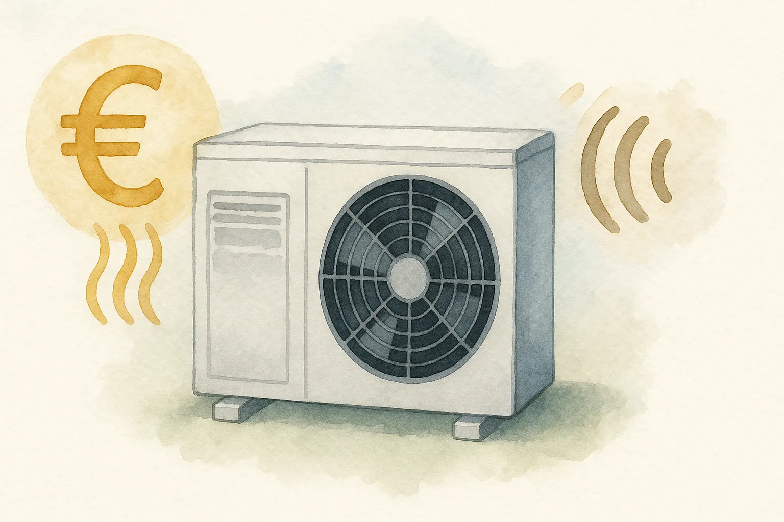 Iconos de las principales desventajas de la aerotermia: coste y ruido.