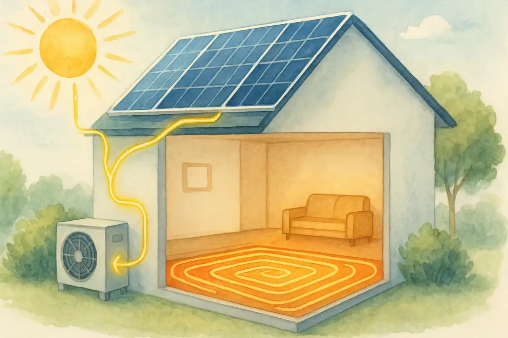 Esquema de una casa con placas solares que alimentan un sistema de aerotermia para climatización.