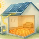 Esquema de una casa con placas solares que alimentan un sistema de aerotermia para climatización.