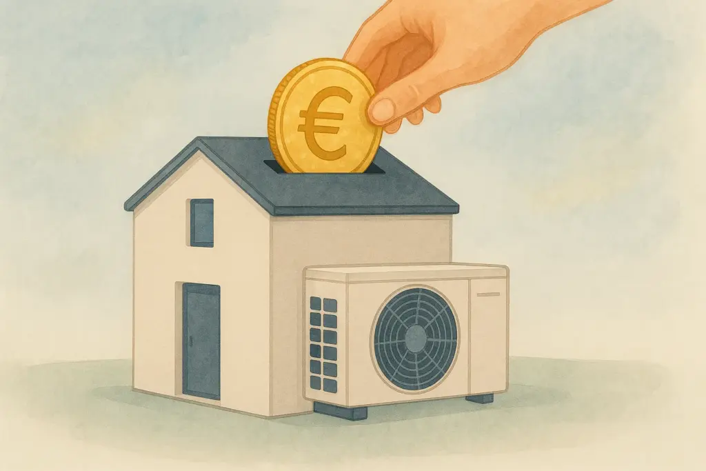 Mano metiendo una moneda en una casa con aerotermia, simbolizando las subvenciones y ayudas.