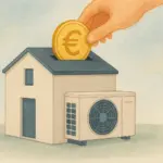 Mano metiendo una moneda en una casa con aerotermia, simbolizando las subvenciones y ayudas.