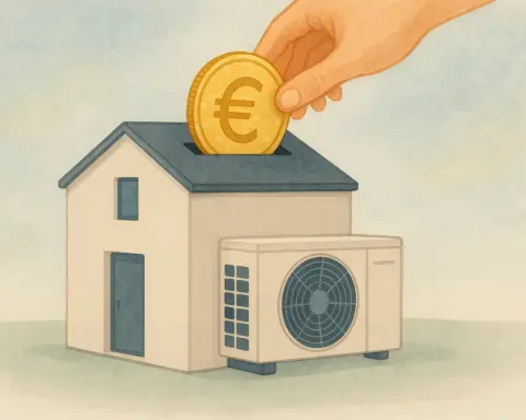 Mano metiendo una moneda en una casa con aerotermia, simbolizando las subvenciones y ayudas.