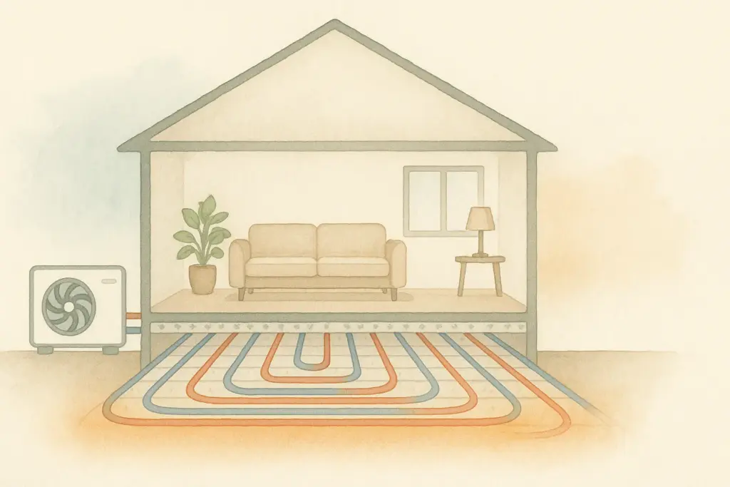 Esquema de aerotermia con suelo radiante. Muestra las tuberías bajo el suelo calentando la casa.