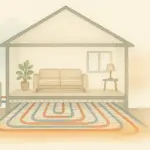 Esquema de aerotermia con suelo radiante. Muestra las tuberías bajo el suelo calentando la casa.