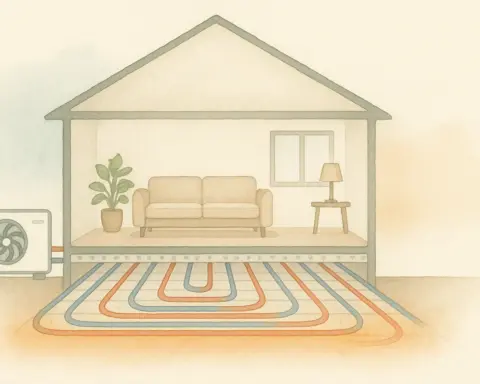 Esquema de aerotermia con suelo radiante. Muestra las tuberías bajo el suelo calentando la casa.