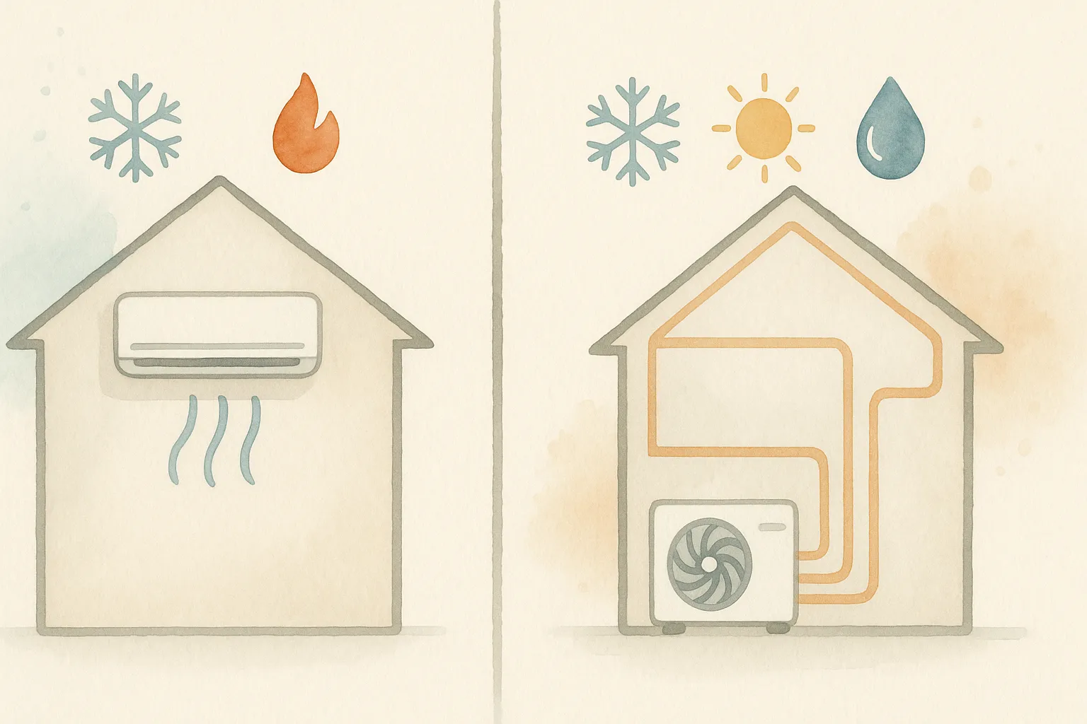 Comparativa: aerotermia (frío, calor, ACS) vs. aire acondicionado (sólo frío y calor).