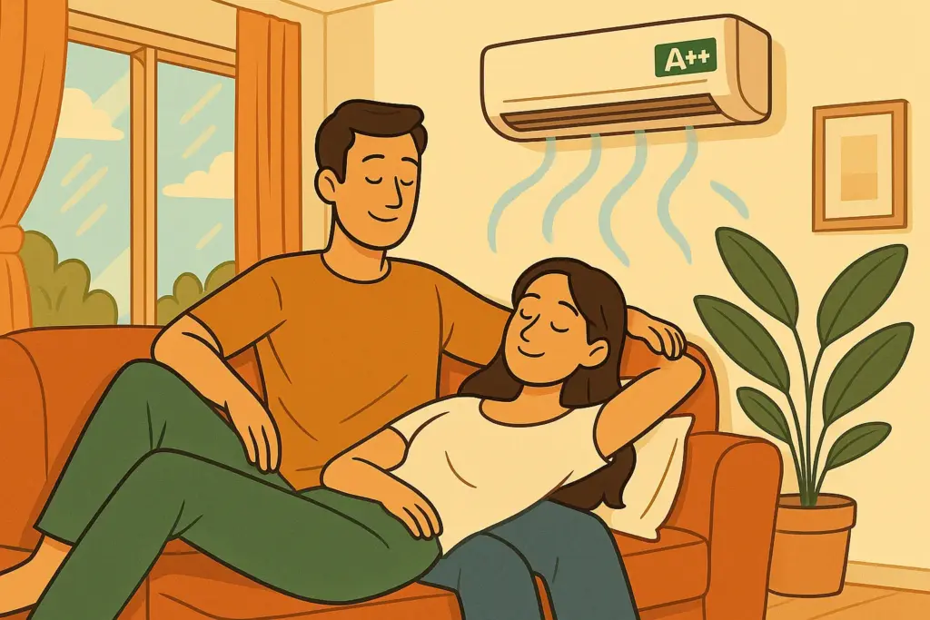 Pareja relajada en el sofá bajo aire acondicionado A++ en salón iluminado.