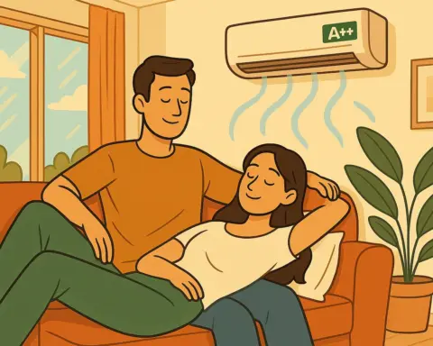 Pareja relajada en el sofá bajo aire acondicionado A++ en salón iluminado.