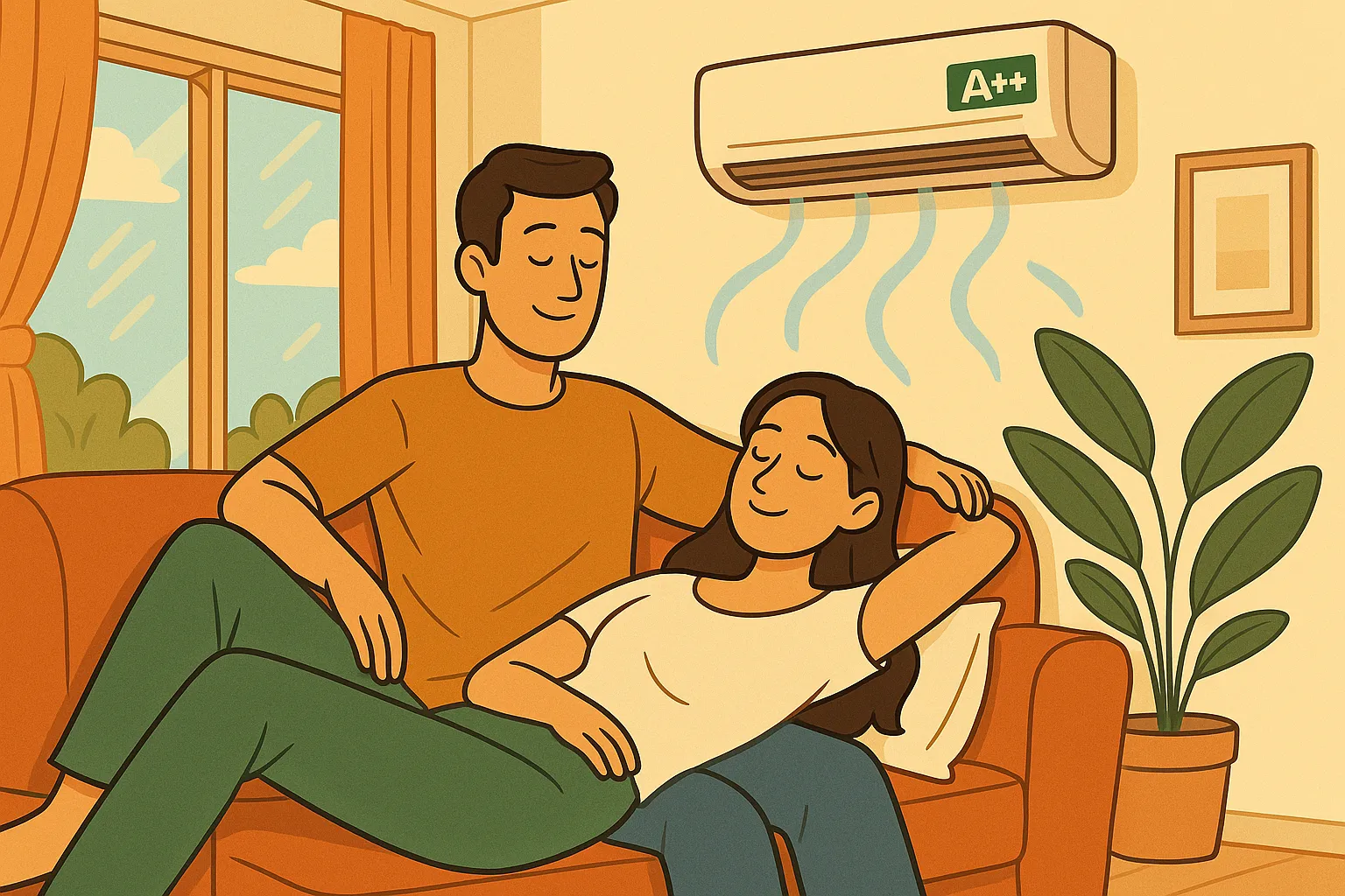 Pareja relajada en el sofá bajo aire acondicionado A++ en salón iluminado.