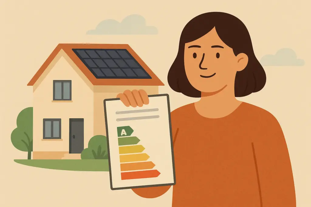 Mujer mostrando certificado de eficiencia energética frente a vivienda con paneles solares