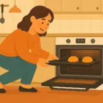 Mujer hornea pan en cocina eficiente con horno moderno y bien iluminado.