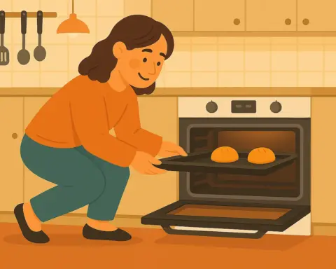 Mujer hornea pan en cocina eficiente con horno moderno y bien iluminado.