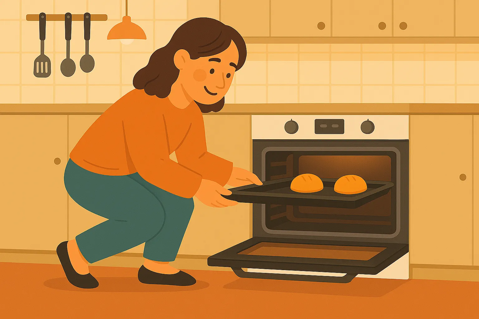 Mujer hornea pan en cocina eficiente con horno moderno y bien iluminado.