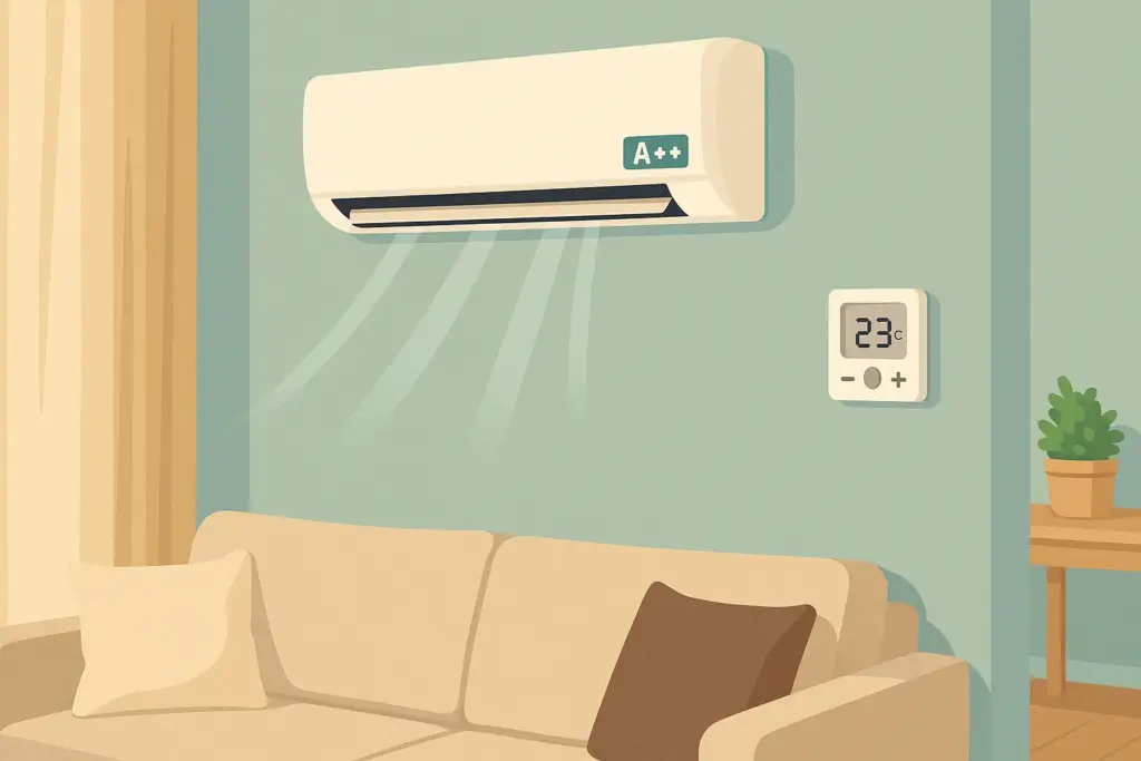Aire acondicionado A++ funcionando a 23 grados en salón con sofá beige.