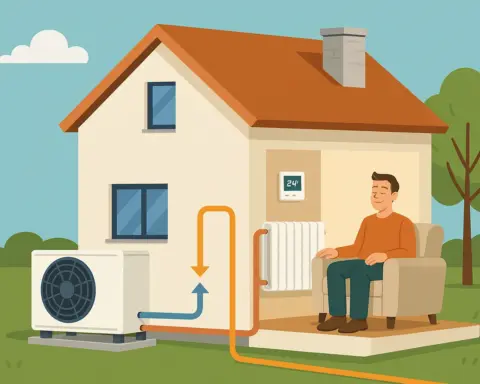 Ilustración digital en estilo plano que muestra una casa equipada con un sistema de calefacción por aerotermia. En el interior, un hombre relajado se sienta en un sillón junto a un radiador conectado a una bomba de calor exterior, rodeado de naturaleza y árboles, representando confort y eficiencia energética.