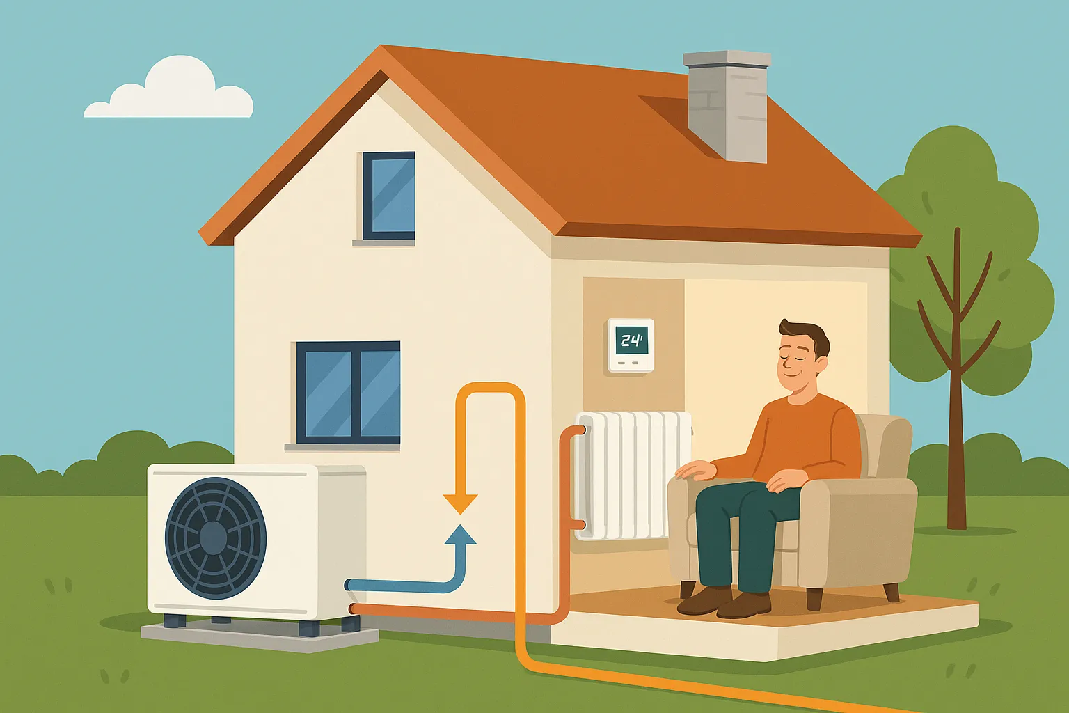 Ilustración digital en estilo plano que muestra una casa equipada con un sistema de calefacción por aerotermia. En el interior, un hombre relajado se sienta en un sillón junto a un radiador conectado a una bomba de calor exterior, rodeado de naturaleza y árboles, representando confort y eficiencia energética.