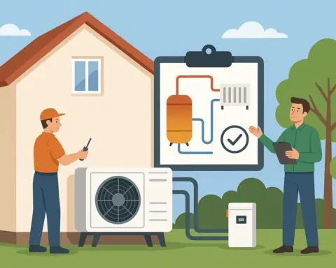Ilustración digital estilo plano que muestra a dos técnicos instalando un sistema de aerotermia en una vivienda unifamiliar, con una unidad exterior, esquemas de instalación y árboles en el entorno, representando el proceso de instalación paso a paso.