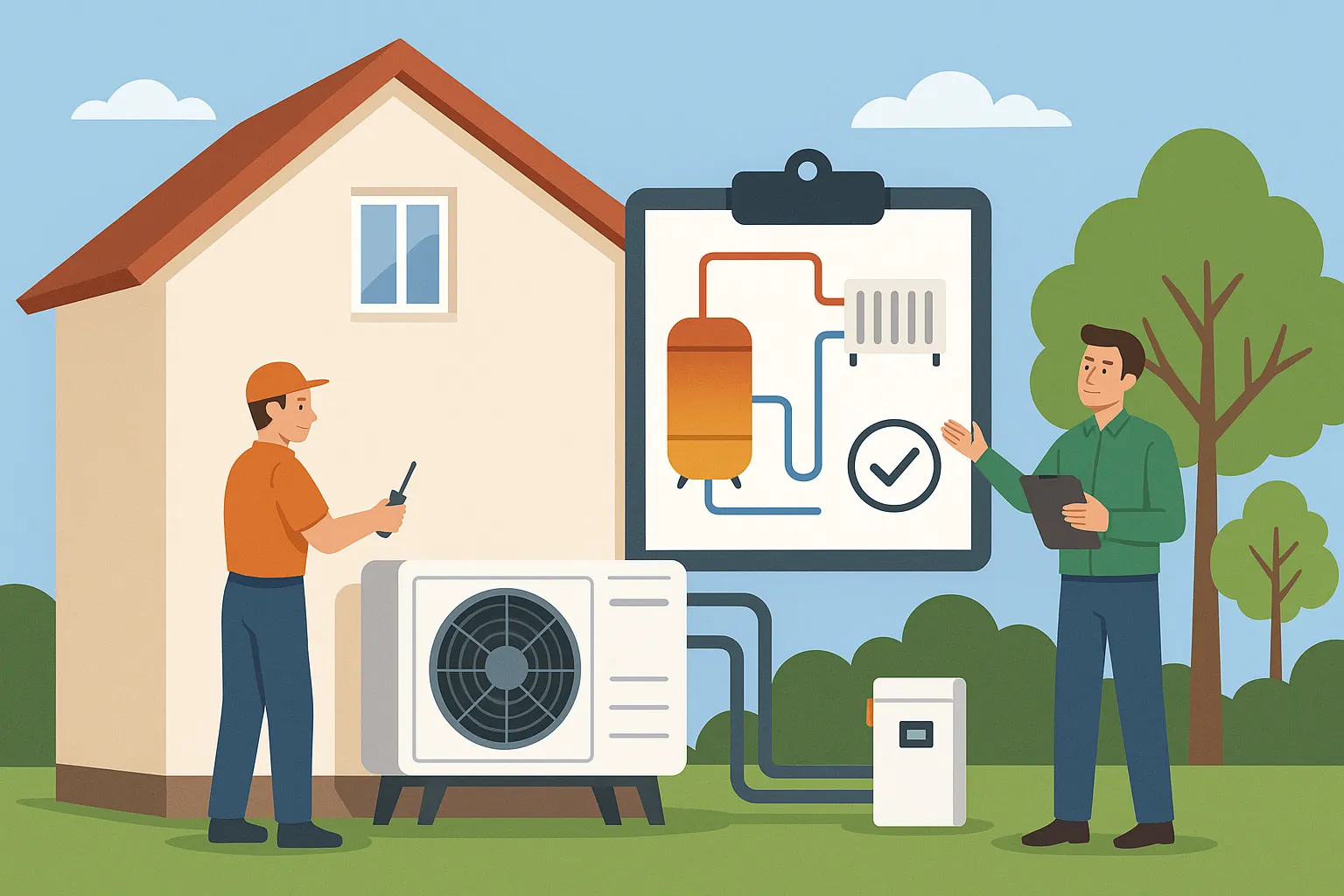 Ilustración digital estilo plano que muestra a dos técnicos instalando un sistema de aerotermia en una vivienda unifamiliar, con una unidad exterior, esquemas de instalación y árboles en el entorno, representando el proceso de instalación paso a paso.