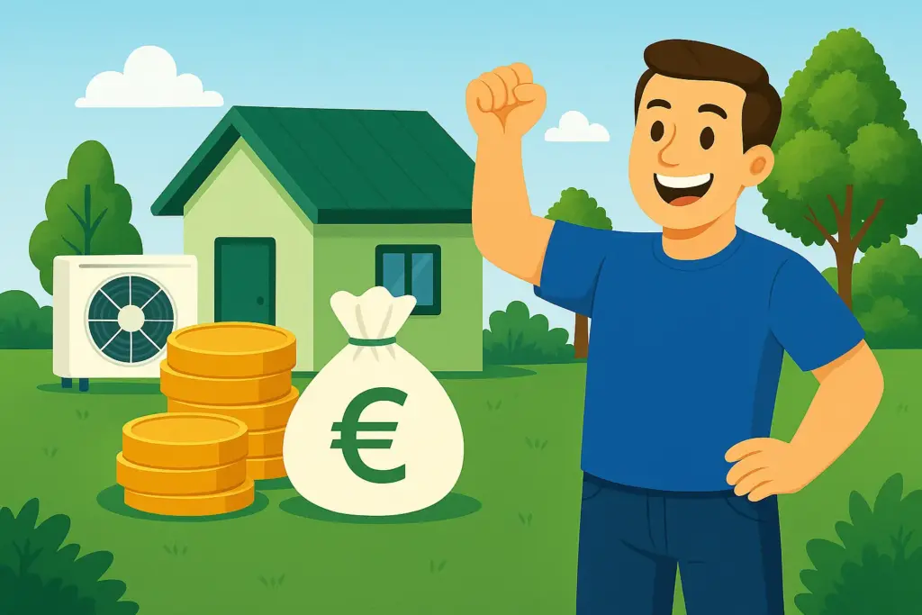 Ilustración digital en estilo plano que muestra a un hombre feliz celebrando el ahorro energético junto a una casa con unidad de aerotermia, monedas apiladas, saco con símbolo del euro y árboles, en un entorno natural con cielo azul y vegetación abundante