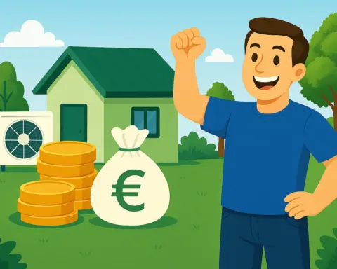 Ilustración digital en estilo plano que muestra a un hombre feliz celebrando el ahorro energético junto a una casa con unidad de aerotermia, monedas apiladas, saco con símbolo del euro y árboles, en un entorno natural con cielo azul y vegetación abundante