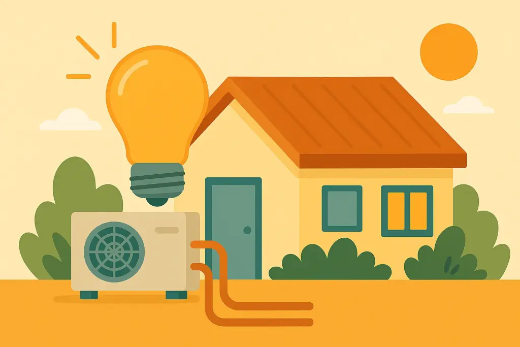 Ilustración digital de estilo plano que muestra una casa con aerotermia representada por una unidad exterior conectada y una bombilla como símbolo de eficiencia energética, todo en colores cálidos y ambientación soleada.