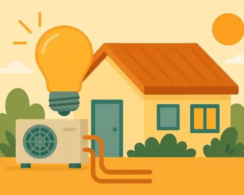 Ilustración digital de estilo plano que muestra una casa con aerotermia representada por una unidad exterior conectada y una bombilla como símbolo de eficiencia energética, todo en colores cálidos y ambientación soleada.