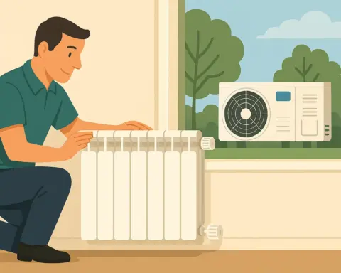 Ilustración digital estilo plano que muestra a un hombre ajustando un radiador de baja temperatura en el interior de una vivienda, con una bomba de calor aerotérmica visible a través de la ventana y un entorno exterior verde y soleado.