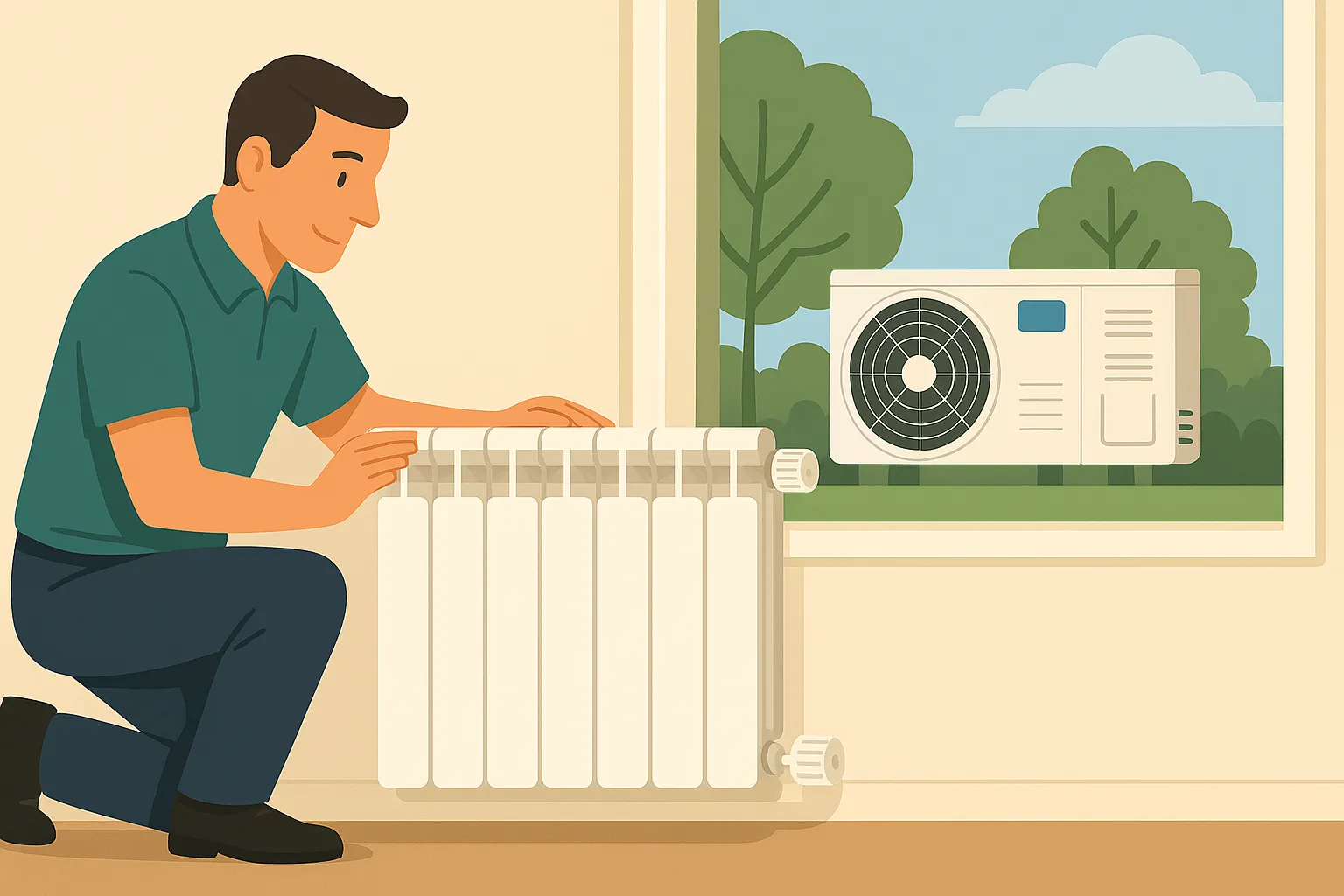 Ilustración digital estilo plano que muestra a un hombre ajustando un radiador de baja temperatura en el interior de una vivienda, con una bomba de calor aerotérmica visible a través de la ventana y un entorno exterior verde y soleado.