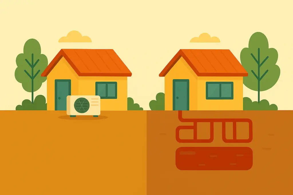 Ilustración comparativa entre aerotermia y geotermia para viviendas, mostrando una casa con sistema de aerotermia y otra con instalación geotérmica subterránea