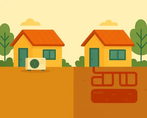 Ilustración comparativa entre aerotermia y geotermia para viviendas, mostrando una casa con sistema de aerotermia y otra con instalación geotérmica subterránea