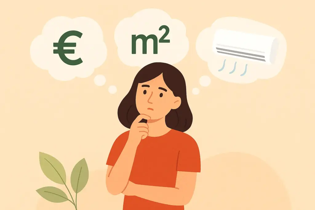 Mujer pensativa con dudas sobre coste, metros cuadrados y aire acondicionado eficiente.
