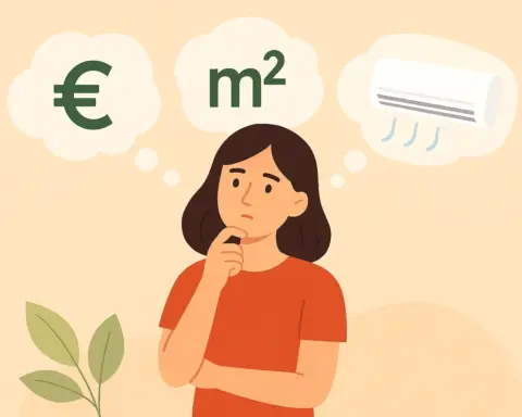 Mujer pensativa con dudas sobre coste, metros cuadrados y aire acondicionado eficiente.