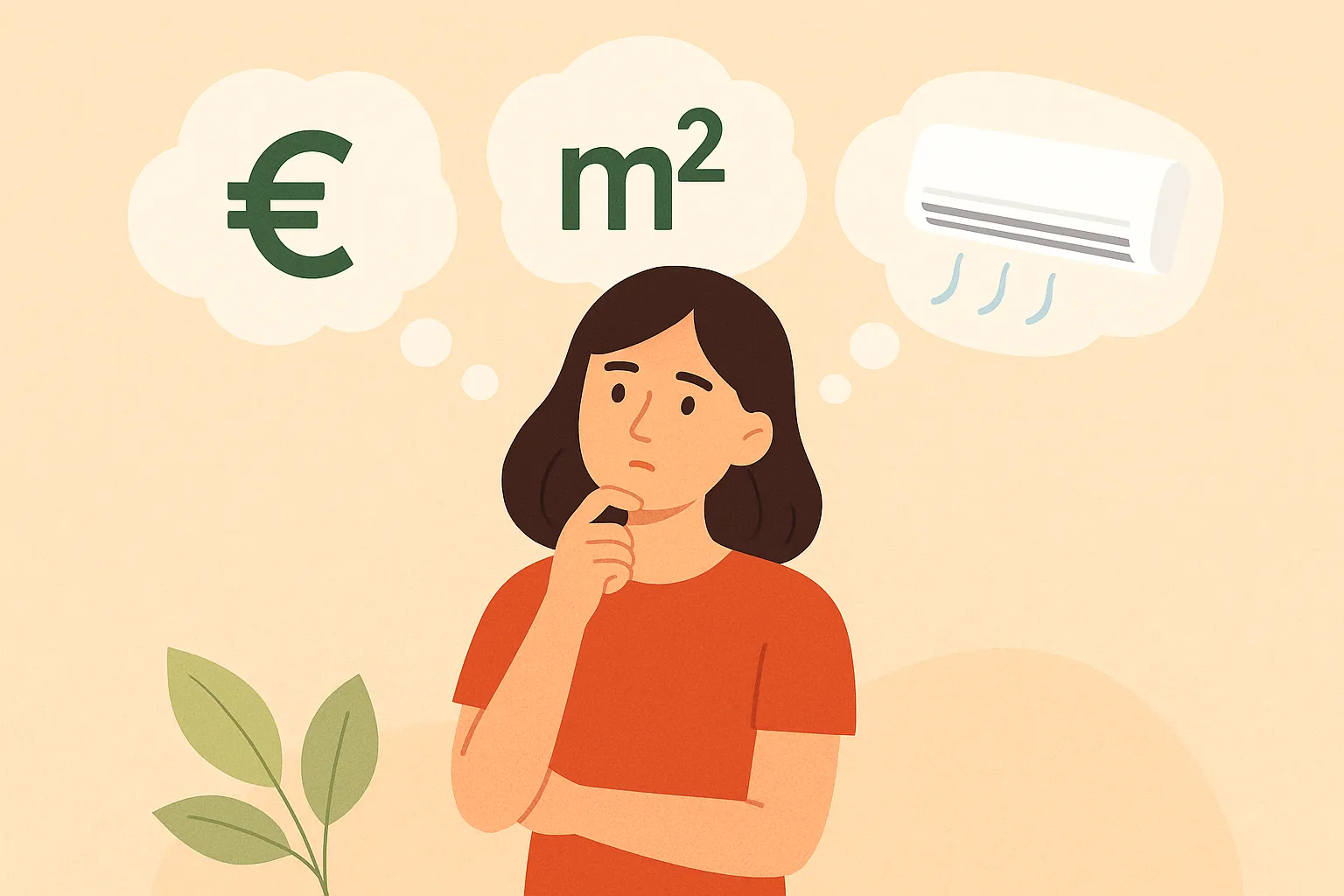 Mujer pensativa con dudas sobre coste, metros cuadrados y aire acondicionado eficiente.