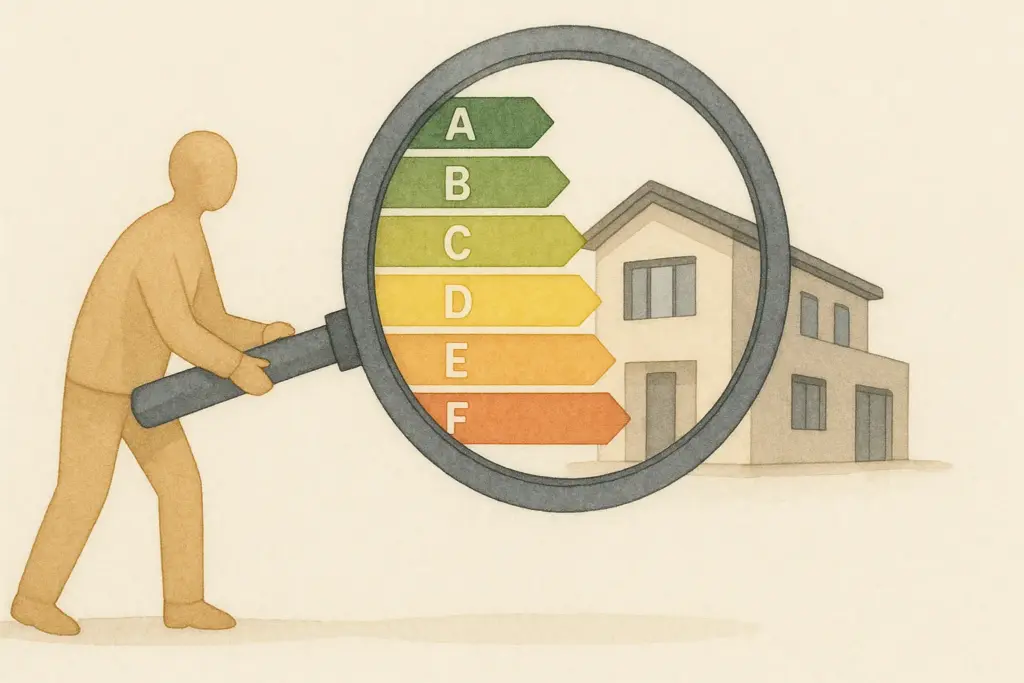 Persona con lupa inspeccionando la eficiencia energética de una casa.