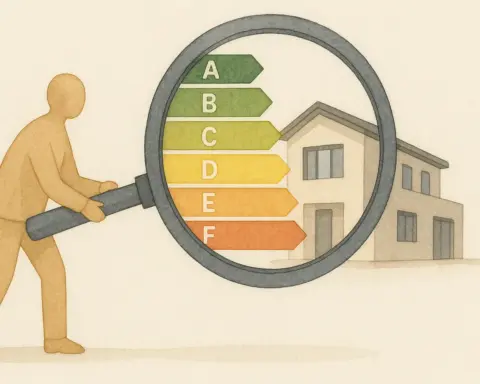 Persona con lupa inspeccionando la eficiencia energética de una casa.