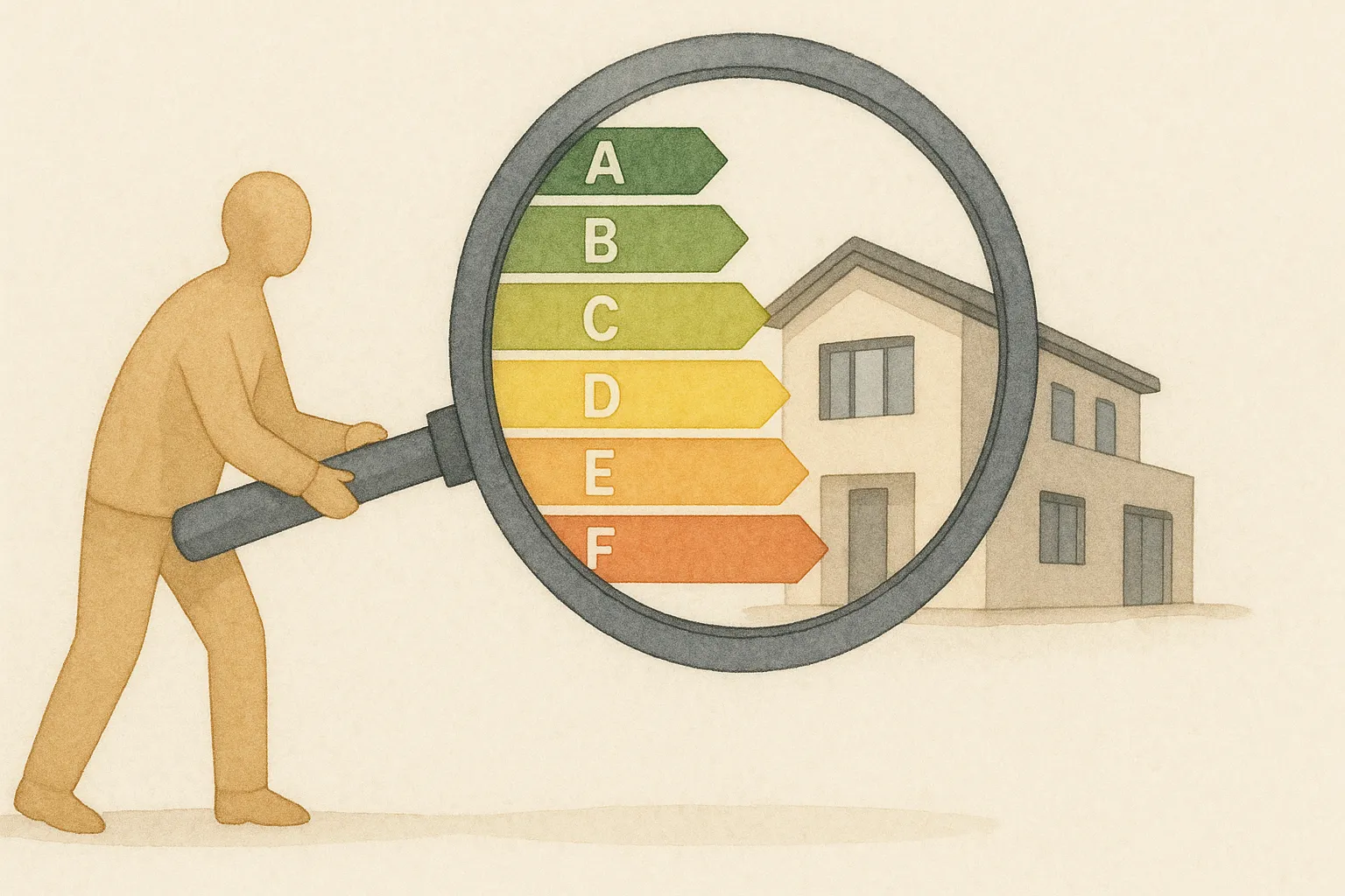 Persona con lupa inspeccionando la eficiencia energética de una casa.