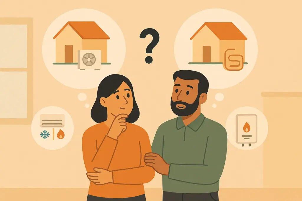 Pareja comparando entre aerotermia y gas para climatizar su vivienda.