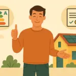 Hombre feliz frente a casa eficiente con placas solares y beneficios fiscales por eficiencia energética