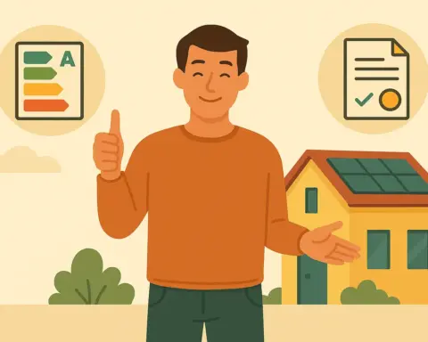 Hombre feliz frente a casa eficiente con placas solares y beneficios fiscales por eficiencia energética
